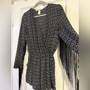 H&M Black and White Patterned Jumpsuit with Fringe